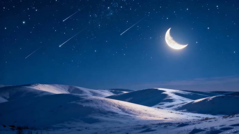 雪夜流星伴月牙图片