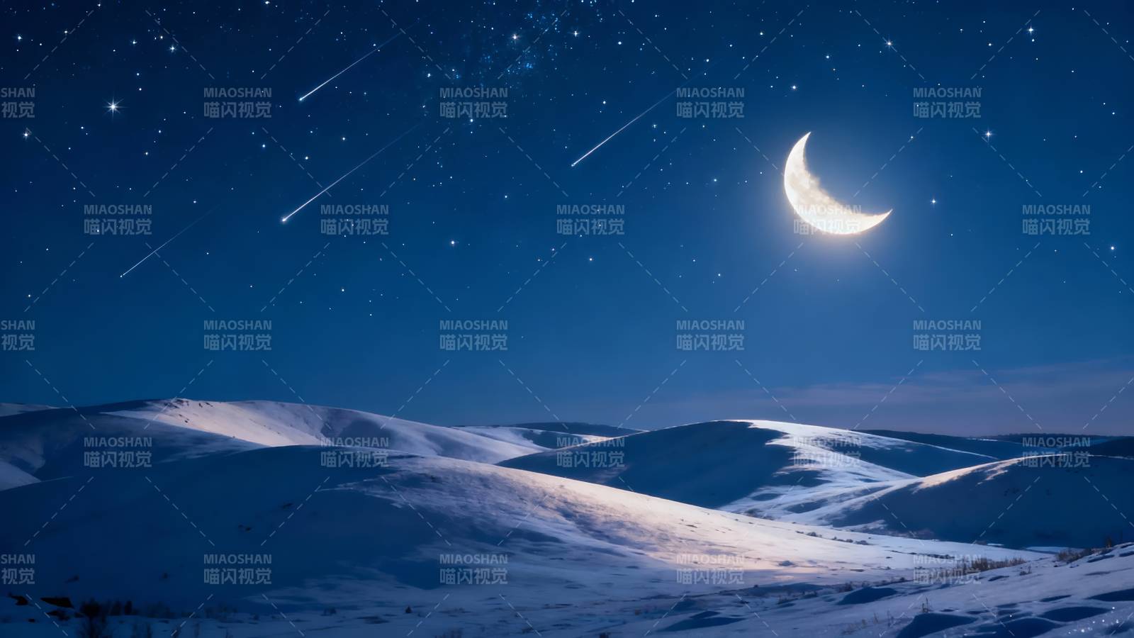雪夜流星伴月牙图片