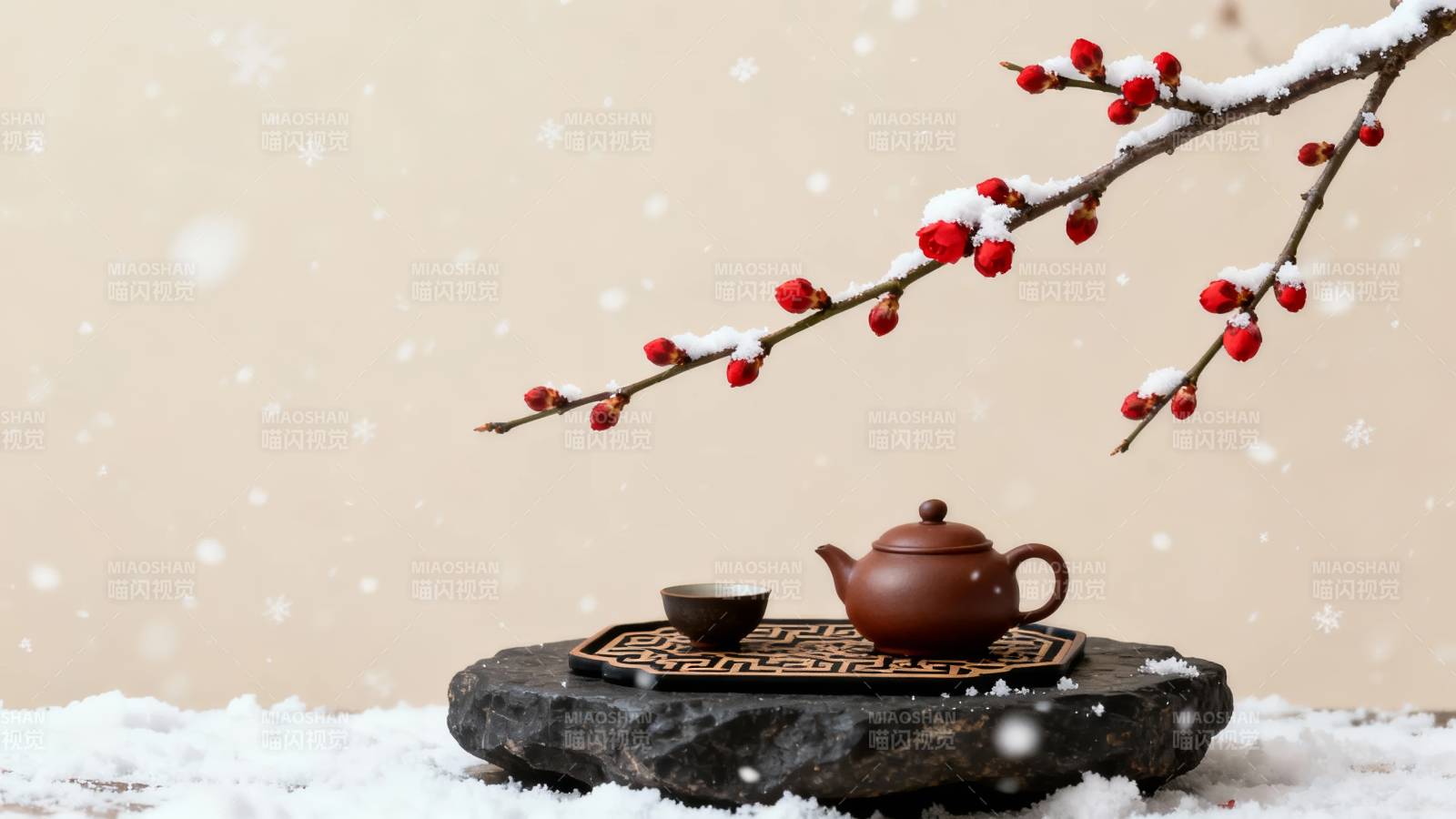 雪落梅枝 茶暖冬静图片