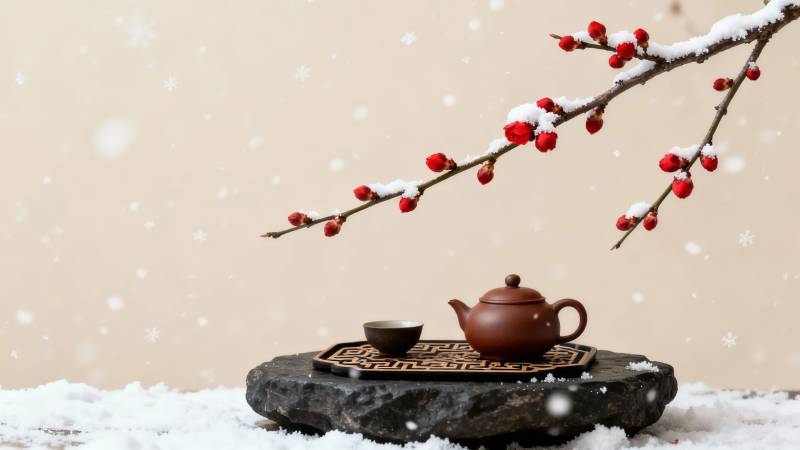 雪落梅枝 茶暖冬静图片