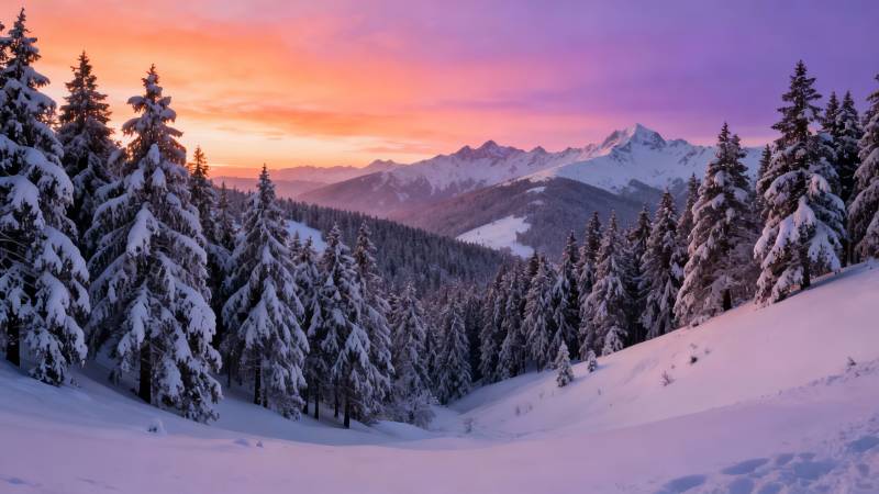 雪林夕照 山峦染霞光图片