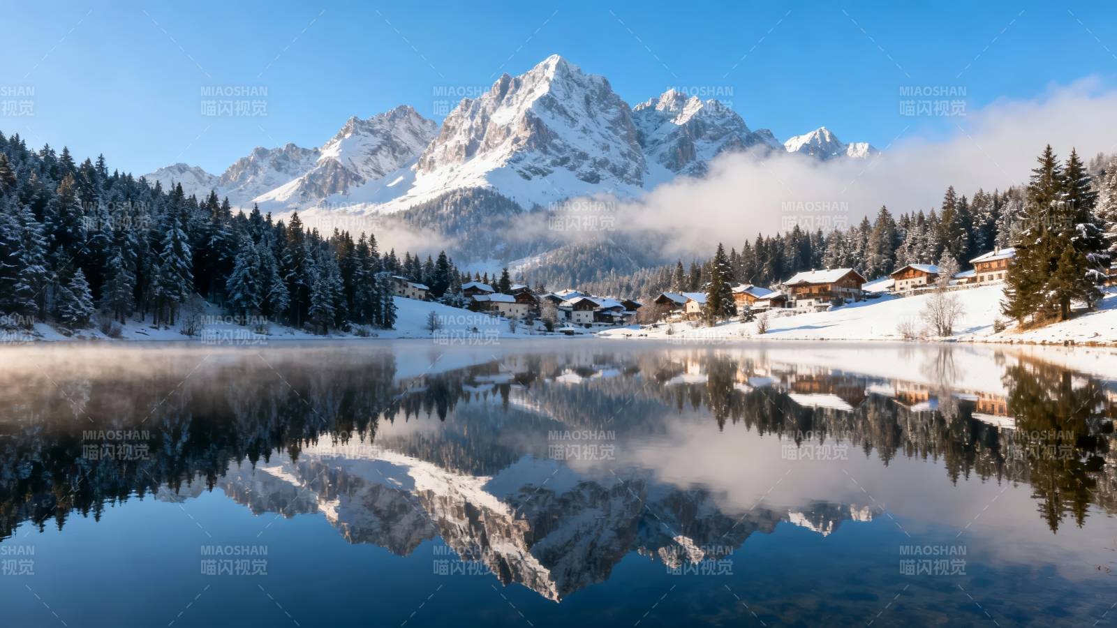 雪山倒影湖 静谧冬日景图片