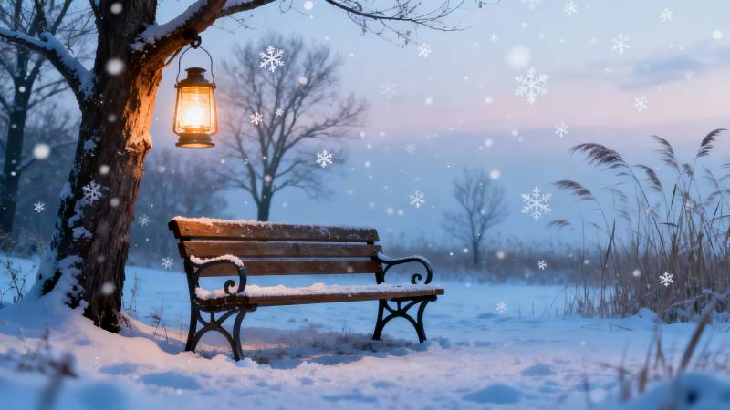 雪夜灯下长椅静候图片