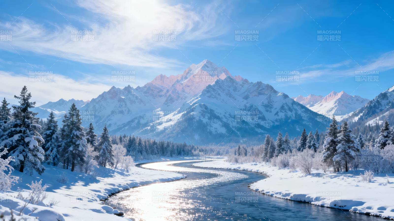 雪山映河 冬景如画图片