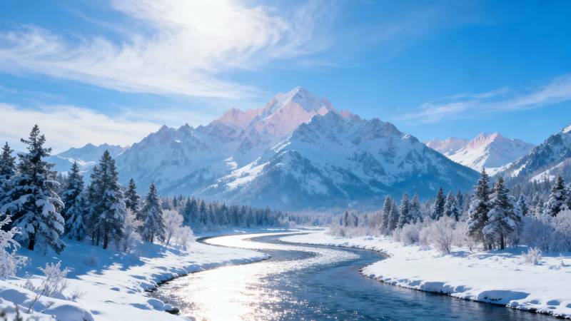 雪山映河 冬景如画图片