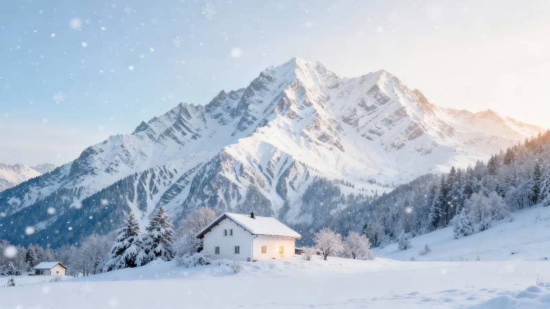雪覆山居 暖阳映峰峦图片