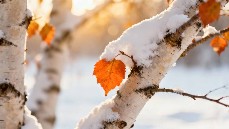 雪覆白桦 秋叶犹燃图片