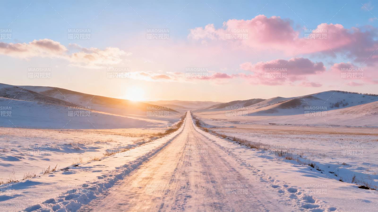 雪路通向日落远方图片