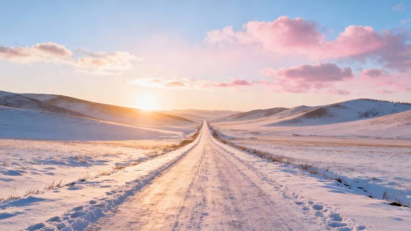 雪路通向日落远方图片