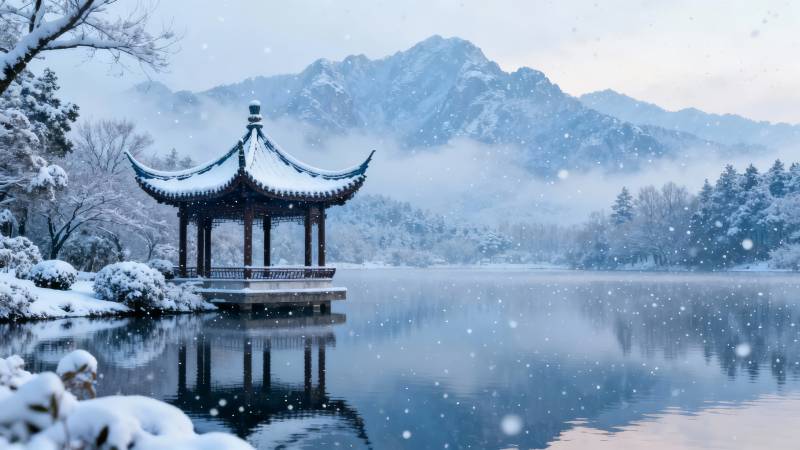 雪落亭湖 山影入画图片