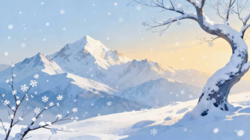 雪覆山峦 枯枝迎霞光图片