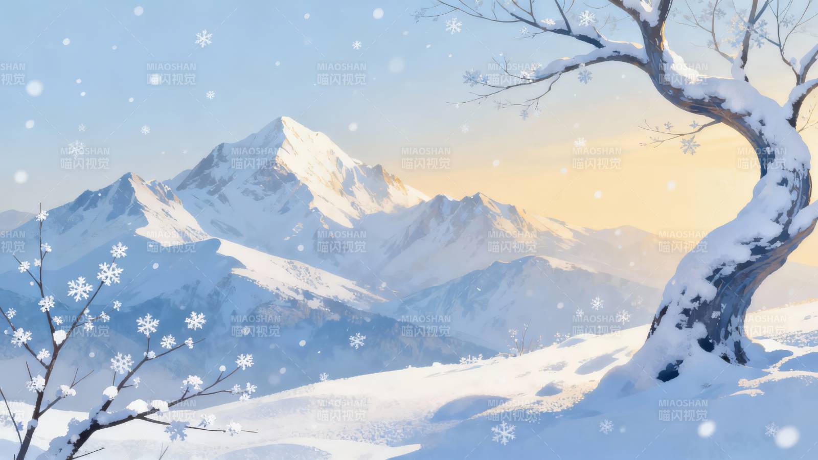 雪覆山峦 枯枝迎霞光图片