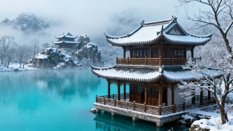 雪覆古亭 碧水映仙山图片