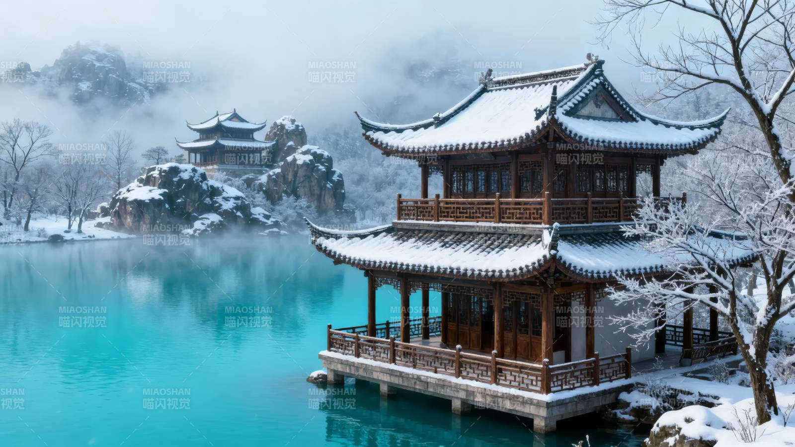 雪覆古亭 碧水映仙山图片