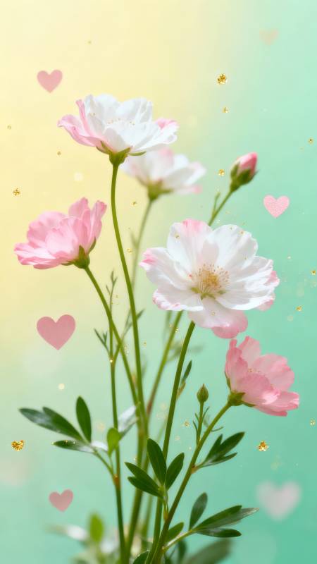 粉白花朵与爱心梦幻背景图片
