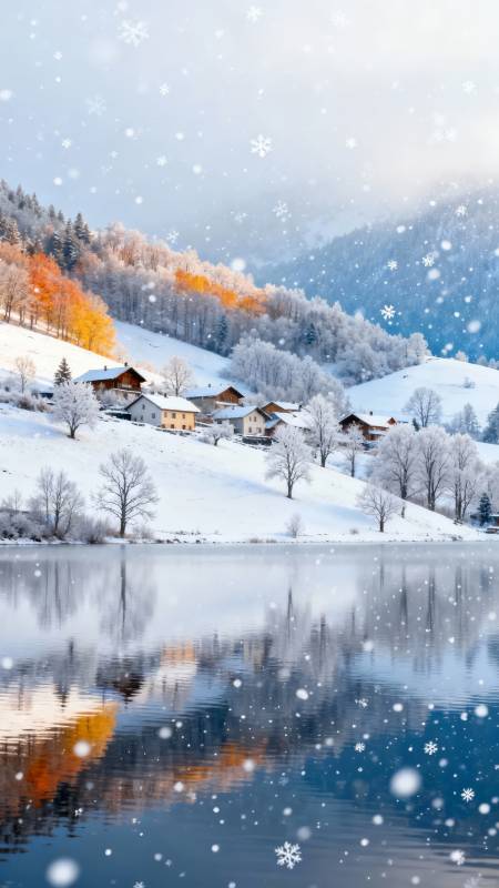 雪落山湖 童话小镇静美如画图片