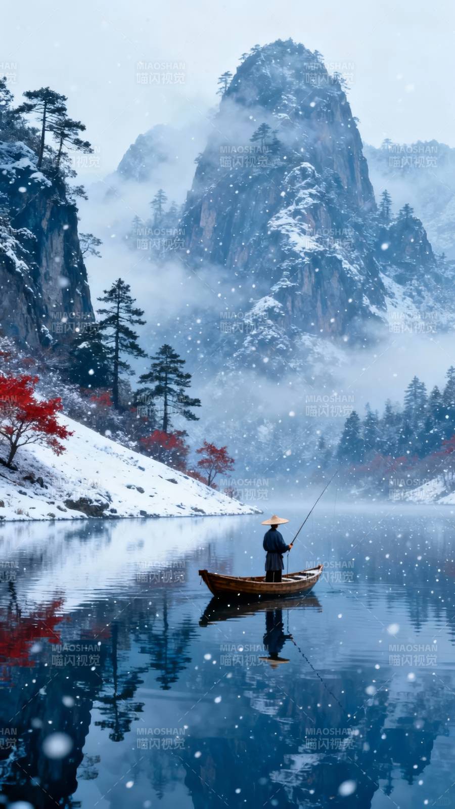 雪湖孤舟钓寒江图片