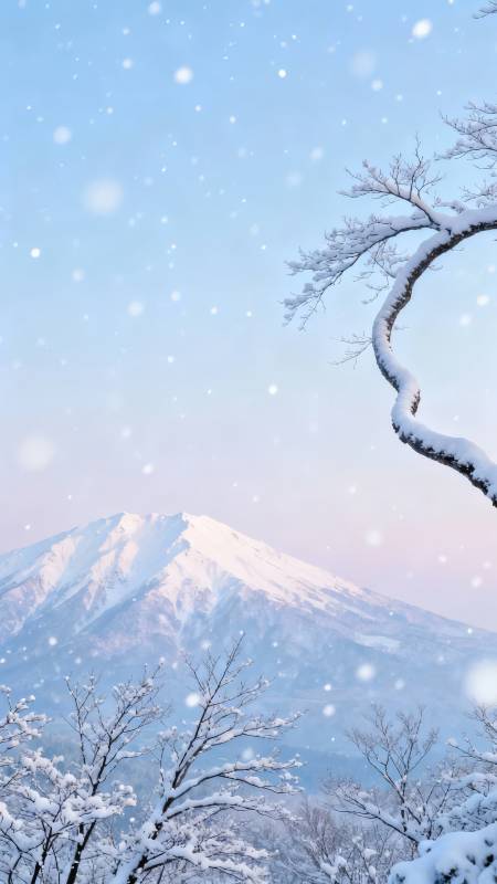 雪落富士山 枝头覆银装图片