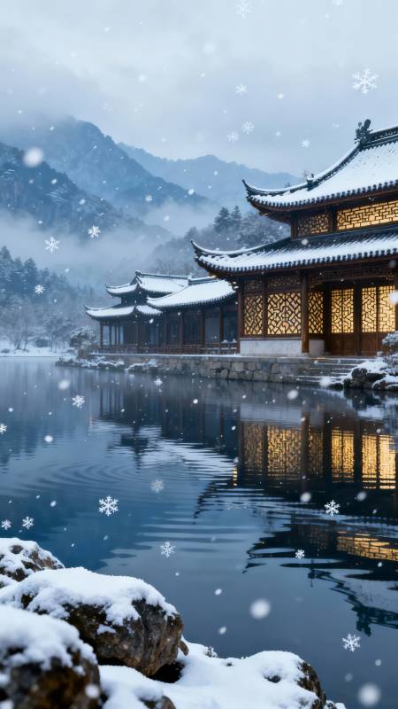 雪落古亭 湖映暖光图片