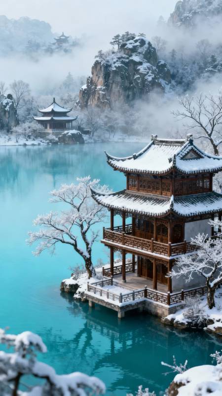 雪覆古亭 碧湖映仙山图片