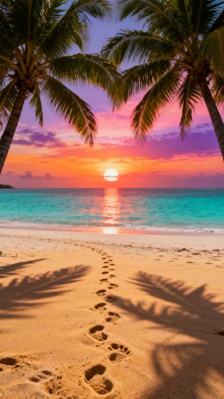 椰影脚印 夕阳醉海滩图片