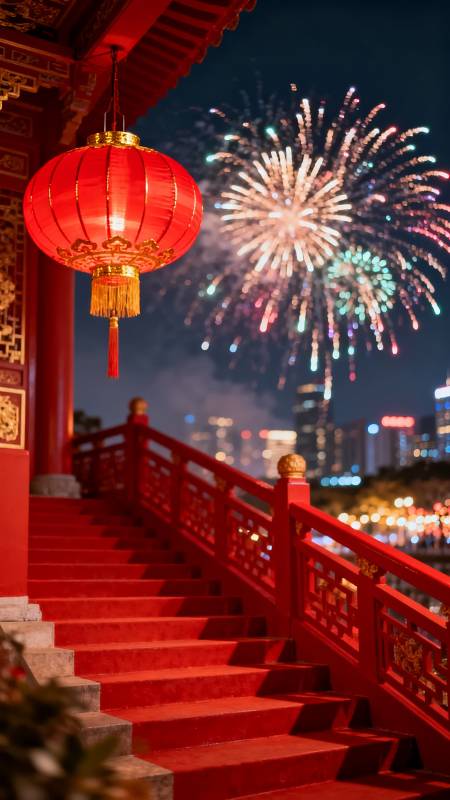 红灯笼映烟花夜图片