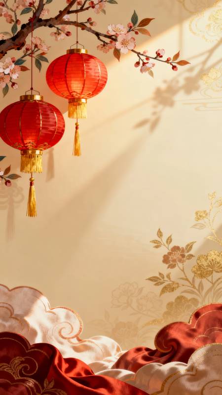 红灯笼映春花 祥云绕金纹图片