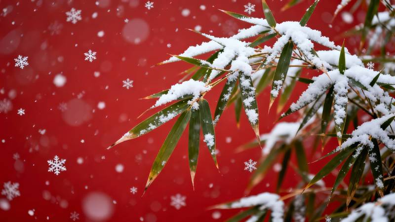 雪覆竹枝映红背景图片