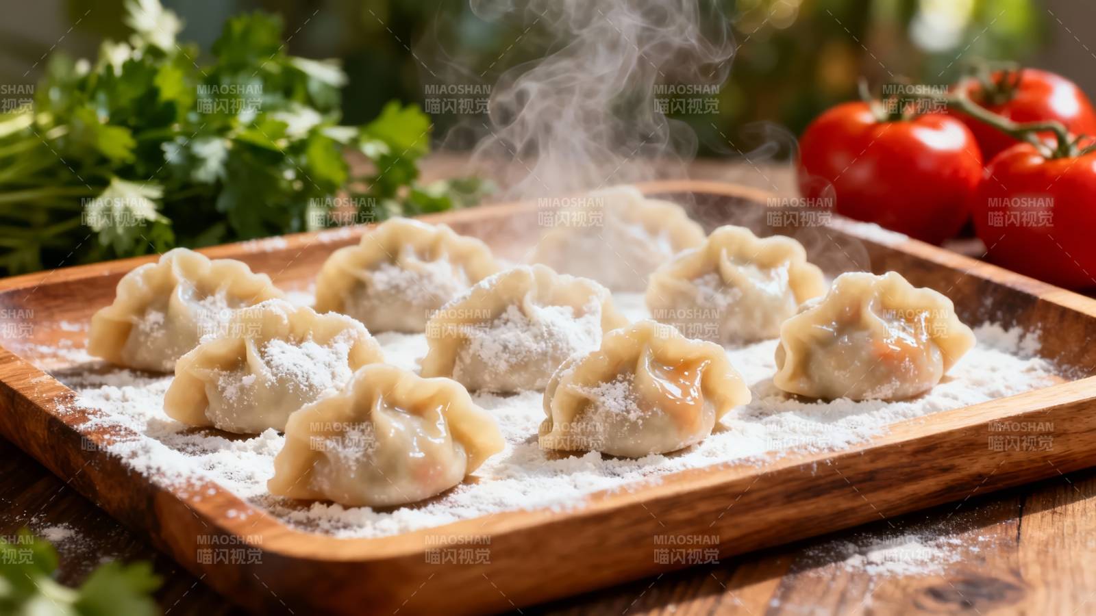 热气腾腾的饺子配番茄香菜图片