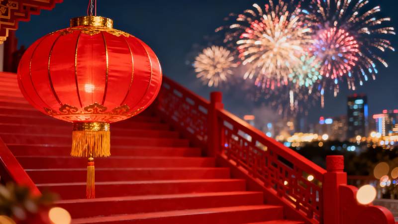 红灯笼映烟花夜图片