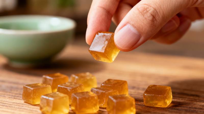 手握琥珀糖 木桌散金块图片