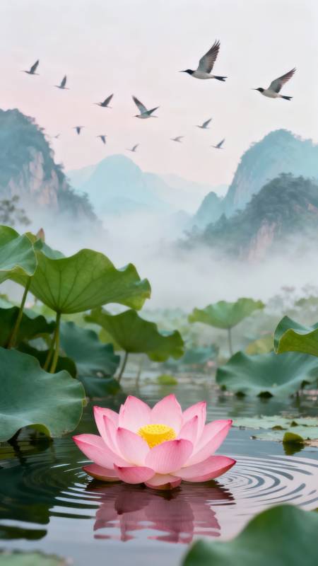 荷塘飞鹭 粉莲映山雾图片