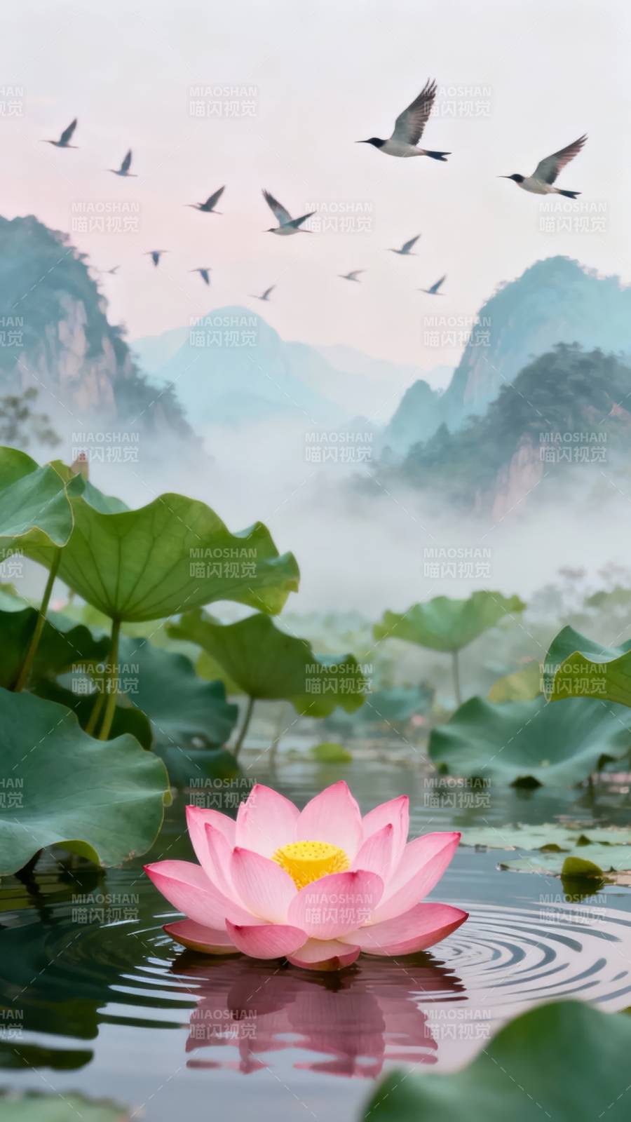 荷塘飞鹭 粉莲映山雾图片