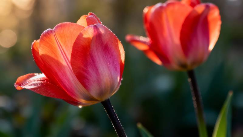 晨光中的红 tulip 双影图片