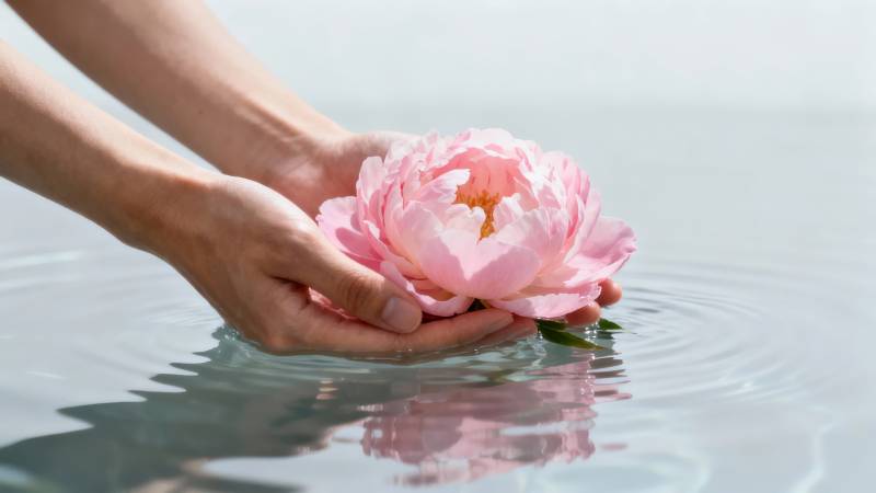 手捧粉花 轻触水面涟漪图片