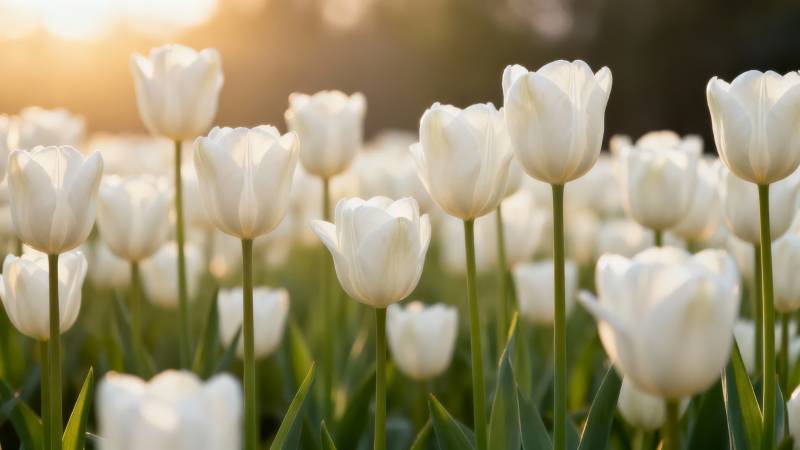 夕阳下的白郁金香花海图片