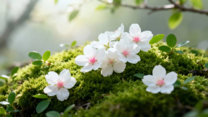 苔上白花 春意悄然绽放图片