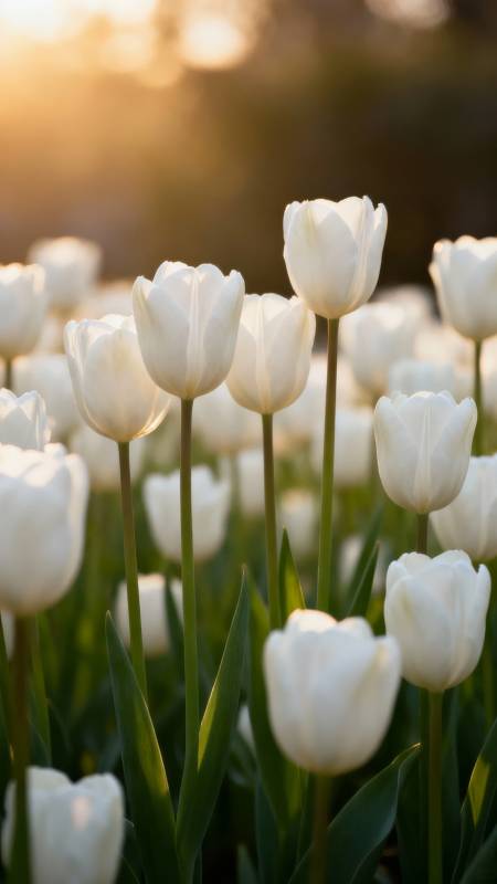 夕阳下的白郁金香花海图片