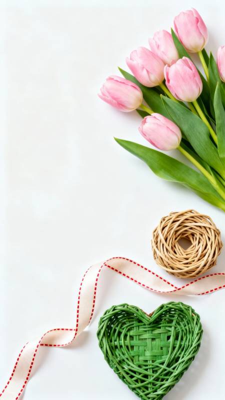 粉 tulip 与绿心藤编静物图片
