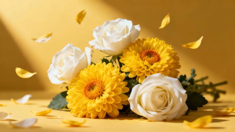黄白花海 花瓣飞舞暖光中图片
