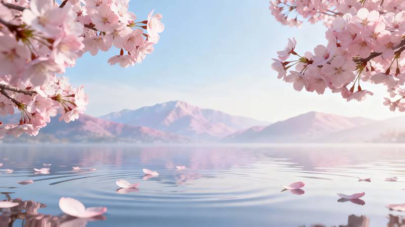樱花湖畔 远山如黛图片