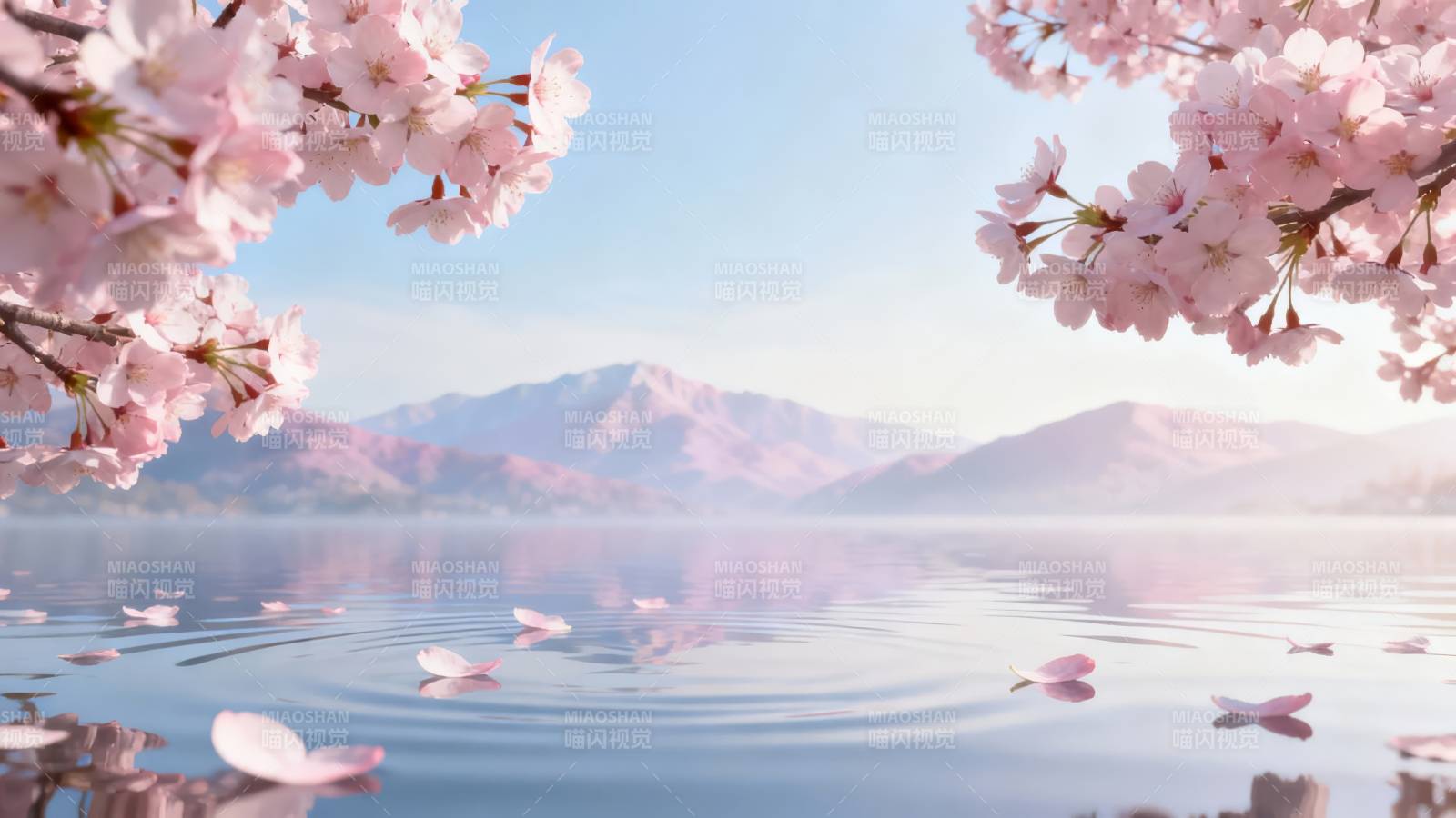 樱花湖畔 远山如黛图片