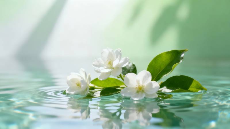 白花绿叶浮水面图片
