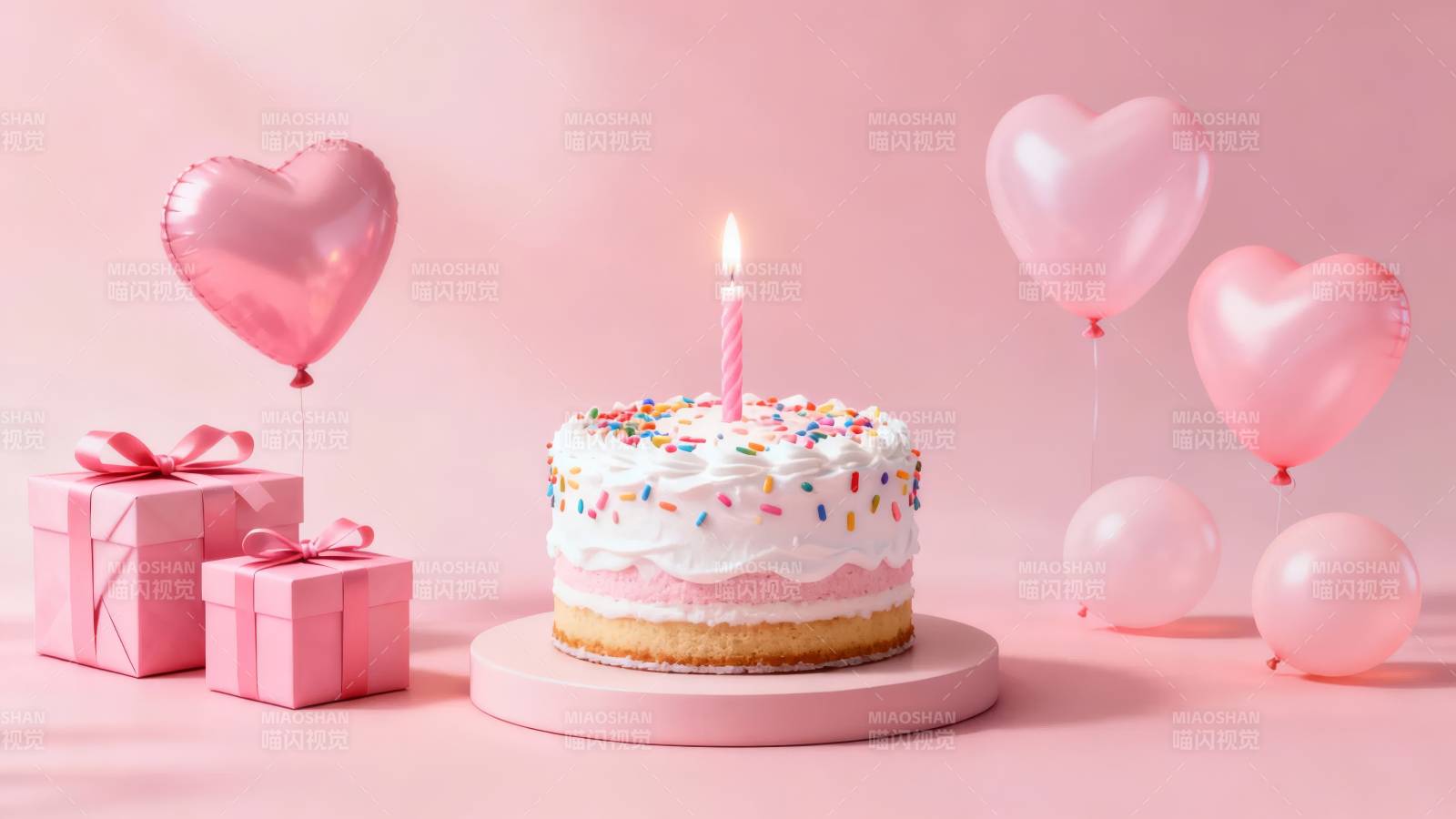 粉色生日蛋糕与爱心气球图片