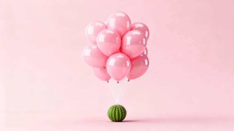 粉气球牵小仙人掌飞图片