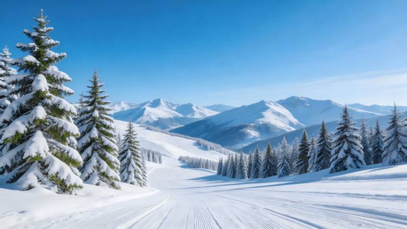 雪径通山 松林映蓝天图片