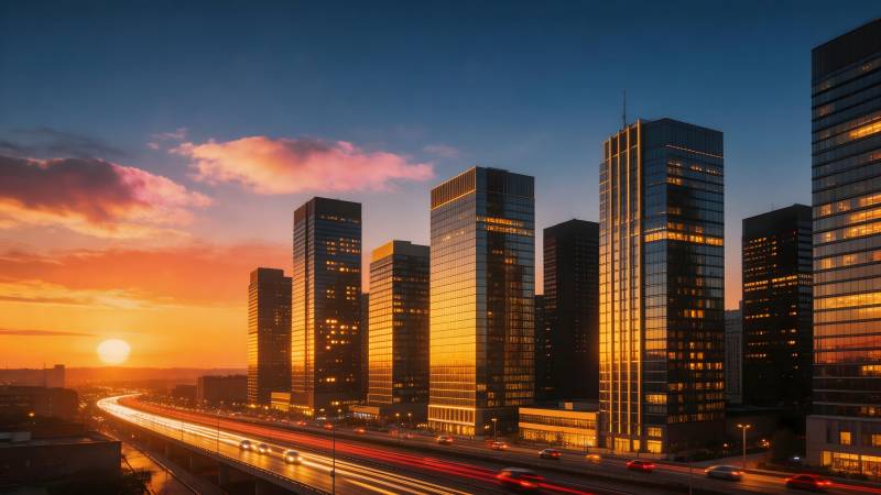夕阳下的都市天际线图片