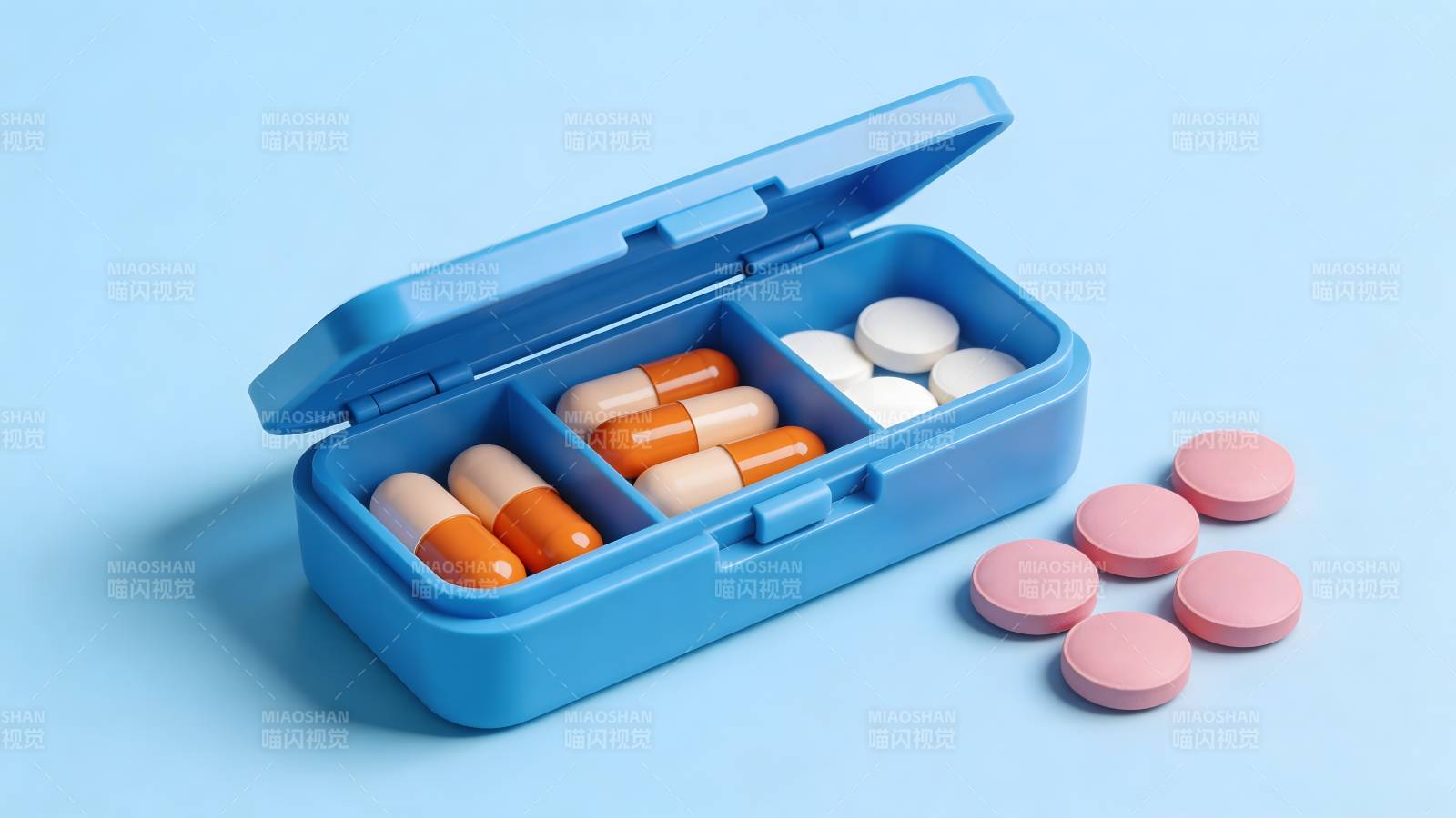 蓝色药盒与彩色药片图片