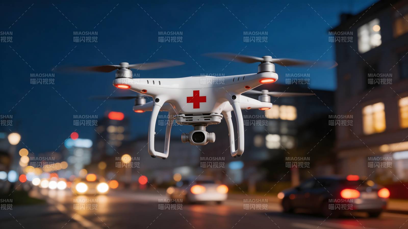 医疗无人机夜航城市上空图片