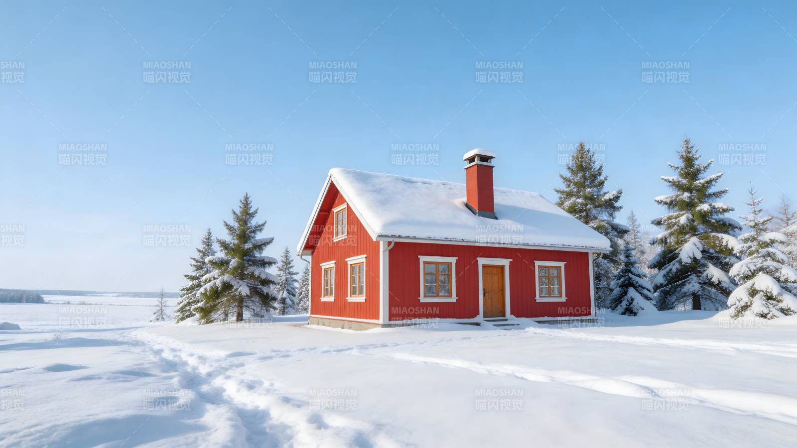 雪野红屋 静谧冬日景图片